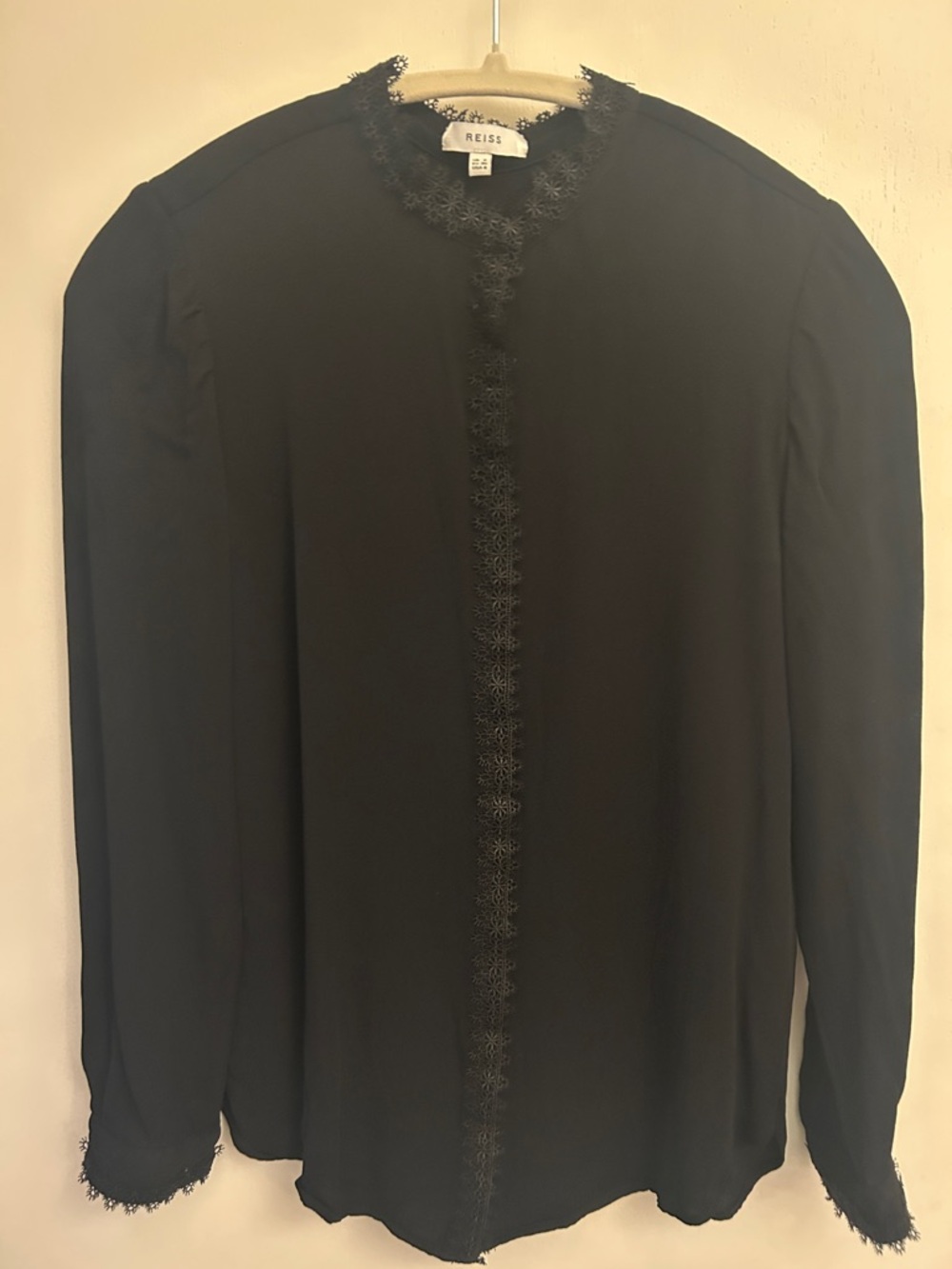 Reiss Black Long-Sleeve Lace-Trim Blouse